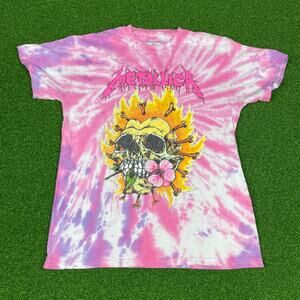 Metallica Flaming Heart Skull Pink Tie Dye Music Rock Band T-Shirt Sz M